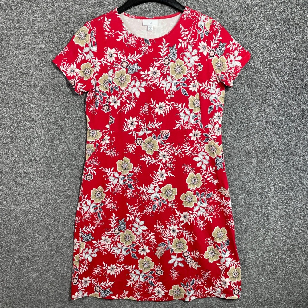 J. Jill Dress Womens XS Petite Red Floral Short Sleeve Knit A-Line Pockets